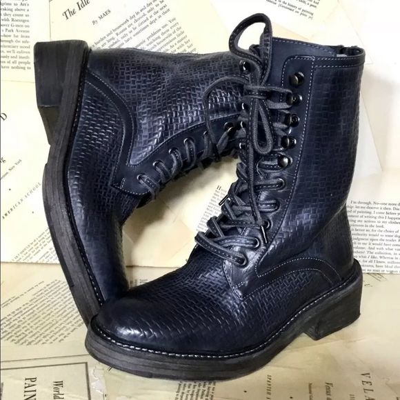 Free People Combat Boot Black Embossed Lace Up Zip Back - Picture 2 of 7